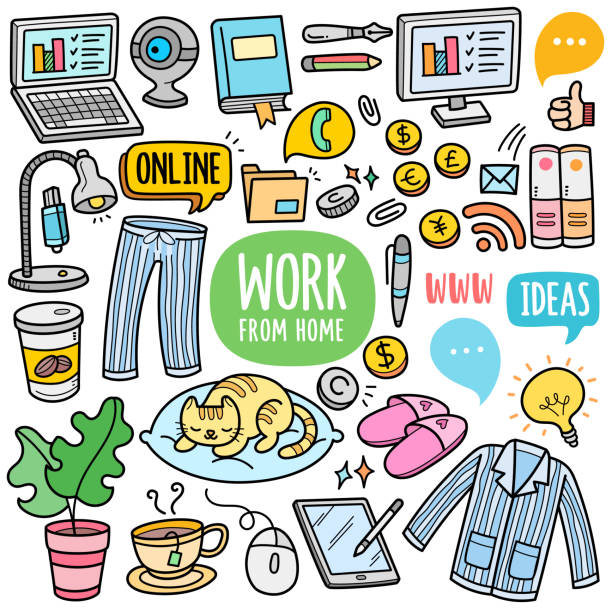 Work from Home Color Doodle Illustration Work from home concept, colorful graphics elements and illustrations. Objects vector art such as web camera, laptop, desk lamp, coffee, pajamas are included in this doodle cartoon set. pajamas illustrations stock illustrations