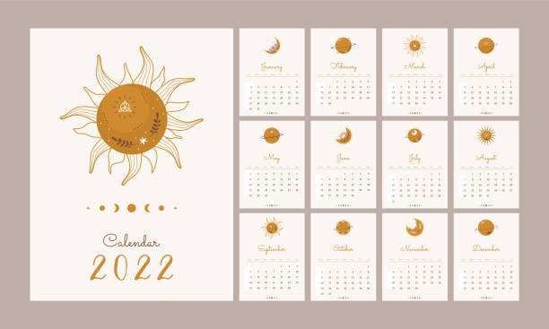 illustrations, cliparts, dessins animés et icônes de calendrier 2022 avec des éléments célestes boho. illustration vectorielle esthétique abstraite. modèle dans le style scandinave - solar calendar