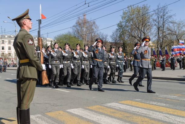Tyumen, Russia - May 9. 2009: Parade of Victory Day in Tyumen. Cadets of police academy marching on parade