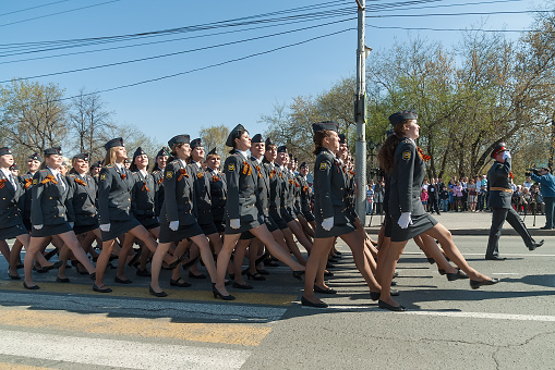Tyumen, Russia - May 9. 2009: Parade of Victory Day in Tyumen. Women-cadets of police academy marching on parade