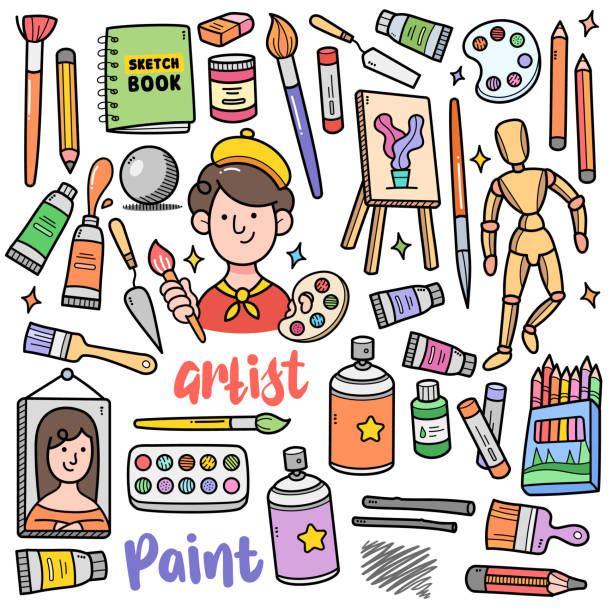 narzędzia do malowania kolor doodle ilustracja - artists canvas palette paintbrush oil painting stock illustrations