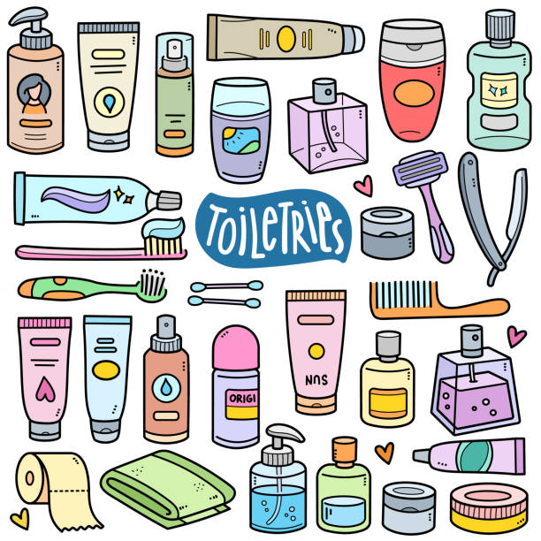 stockillustraties, clipart, cartoons en iconen met toiletry color doodle illustration - zalf tekening