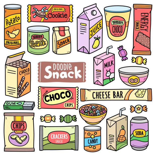 vorverpackte snacks farbe doodle illustration - packaged food stock-grafiken, -clipart, -cartoons und -symbole