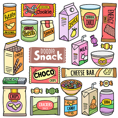 Pre-packaged snacks, colorful graphics elements and illustrations. Objects vector art such as potato chips, energy bar, candy, chocolate chips, milk are included in this doodle cartoon set.