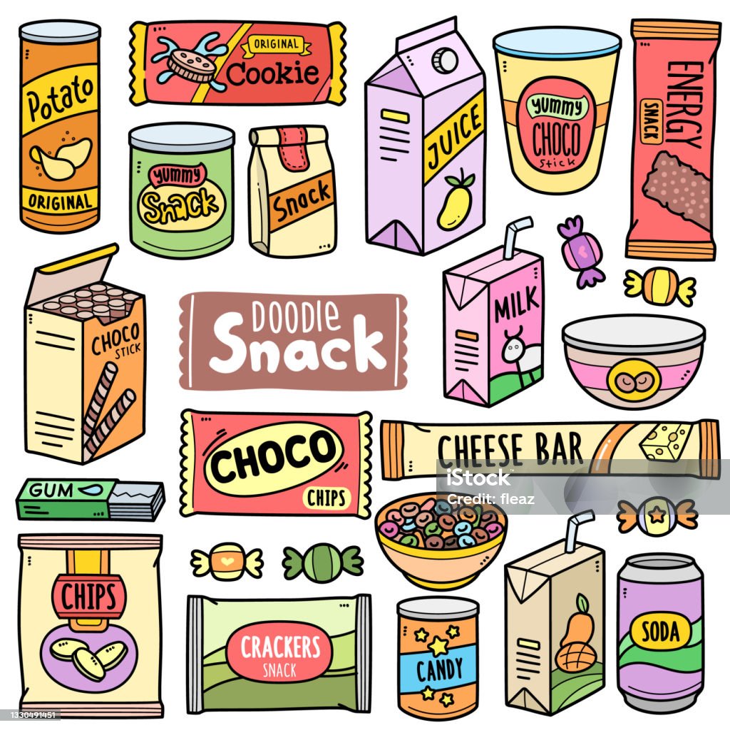 Prepackaged Snacks Color Doodle Illustration Stock Illustration - Download  Image Now - Snack, Food, Convenience Food - iStock