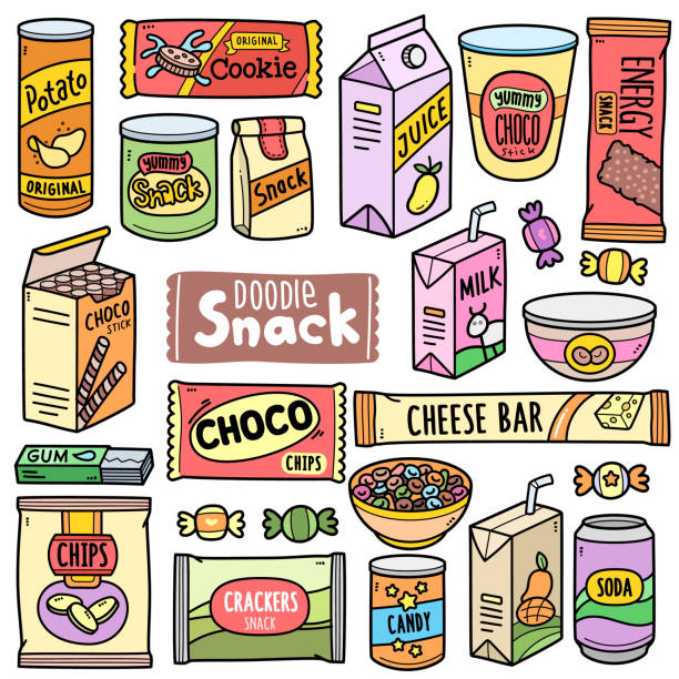 Pre-packaged Snacks Color Doodle Illustration Pre-packaged snacks, colorful graphics elements and illustrations. Objects vector art such as potato chips, energy bar, candy, chocolate chips, milk are included in this doodle cartoon set. ready to eat stock illustrations
