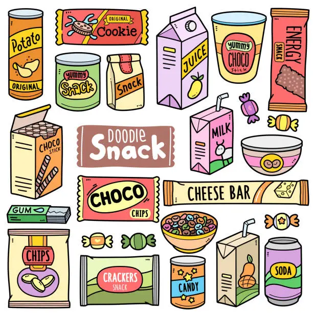 Vector illustration of Pre-packaged Snacks Color Doodle Illustration
