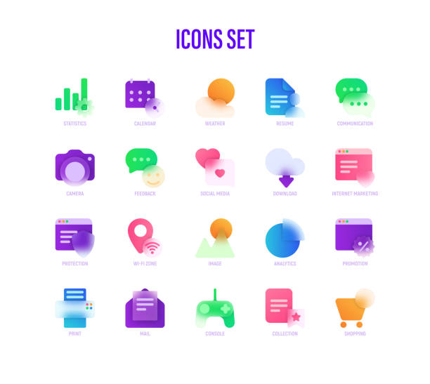 Icons set in glassmorphism style. Statistics, Calendar, Weather, Camera, Feedback, Social Media, Download, Internet Marketing, Wi-Fi Zone. Vector illustration. vector art illustration