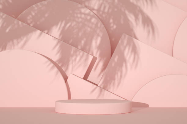 istock Empty product stand, podium, pedestal, exhibition with palm tree shadow 1330494348