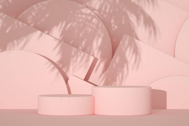 istock Empty product stand, podium, pedestal, exhibition with palm tree shadow 1330494367