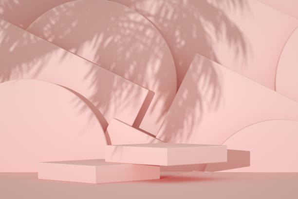 istock Empty product stand, podium, pedestal, exhibition with palm tree shadow 1330494483