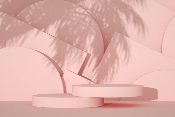 istock Empty product stand, podium, pedestal, exhibition with palm tree shadow 1330494934