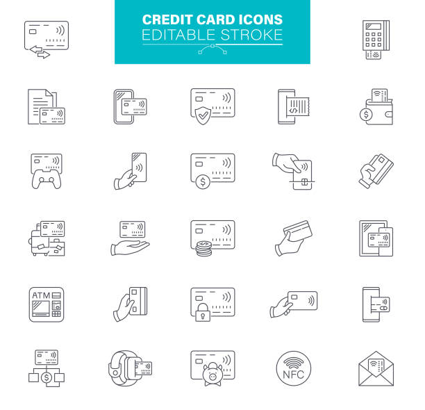 Credit Card Icons Editable Stroke. Contains icons as Paper Currency, NFC , Coins, ATM, Piggy Bank Credit Card, Near Field Communication, Finance, outline icons set, editable stroke credit card stock illustrations