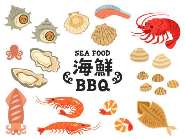 Illustration set of Japanese seafood barbecue ingredient Japanese seafood BBQ ingredient set (Japanese spiny lobster, shrimp, scallop, oyster, clams, turban shell, squid, webfoot octopus, dried horse mackerel)
The kanji text  in the center mean seafood. crustacean stock illustrations