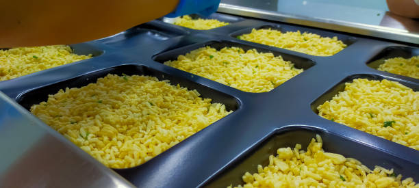 istock Frozen fried rice with egg in plastic tray waiting for top seal label with thermoforming machine in food factory. Frozen food industry. Ready meal process in manufacturing. Food packaging industry. 1330498041