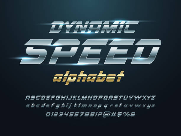 speed font Speed style alphabet design with uppercase, lowercase, numbers and symbol speed stock illustrations