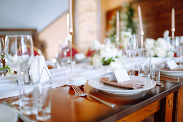 istock Luxury rich table setting for a wedding celebration, party in nice cozy restaurant. 1330499319