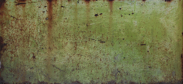 weathered and rusty metal surface with military green tones - worn steampunk background with scratches