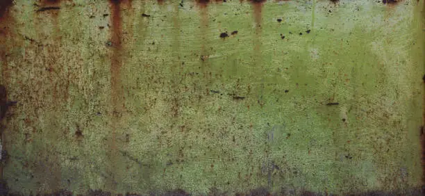 Photo of weathered and rusty metal surface with military green tones - worn steampunk background with scratches