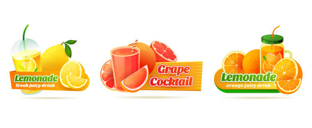 さわやかな柑橘類やフルーティー飲料のラベル - packaging horizontal non alcoholic beverage orange juice点のイラスト素材／クリップアート素材／マンガ素材／アイコン素材