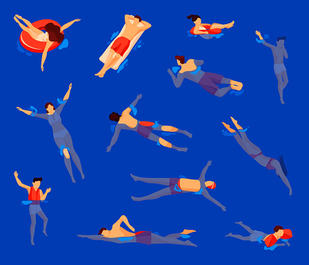 Swim activity or water swimming, cartoon swimmers set. People or characters relaxing in a sea, river or pool, dive, floating on mattress or ring. Leisure activity, summer recreation.