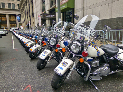 Philadelphia City Hall, Philadelphia, PA, USA, 01 January 2019: Police motorcycles parked in a line on parade day