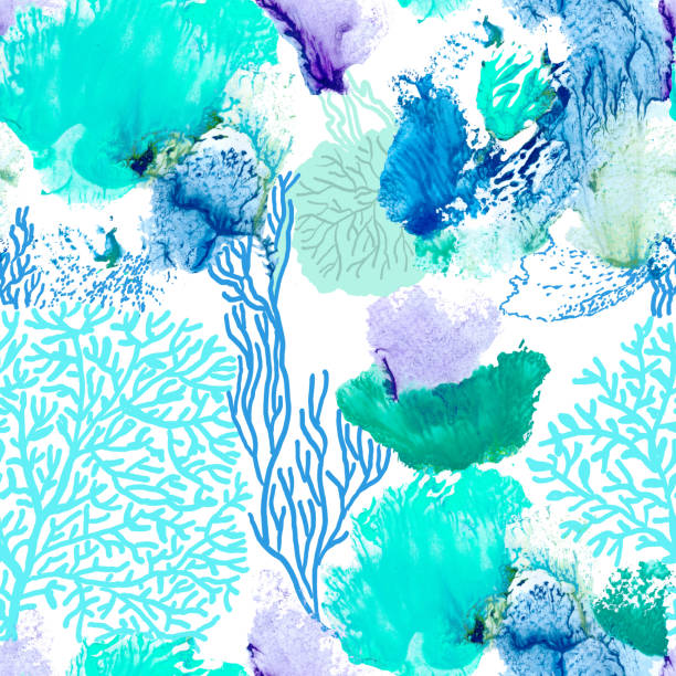 Coral reef texture turquoise watercolor on white background seamless pattern for all prints. Hand painted. Coral reef texture turquoise watercolor on white background seamless pattern for all prints. coral sea stock illustrations