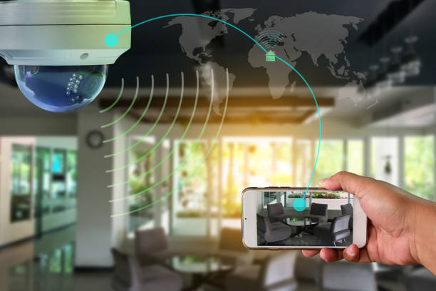 istock Robot CCTV camera is technology 4.0  install signal home security system and monitoring  by smart phone all time , around the world by high speed internet. 1330503961