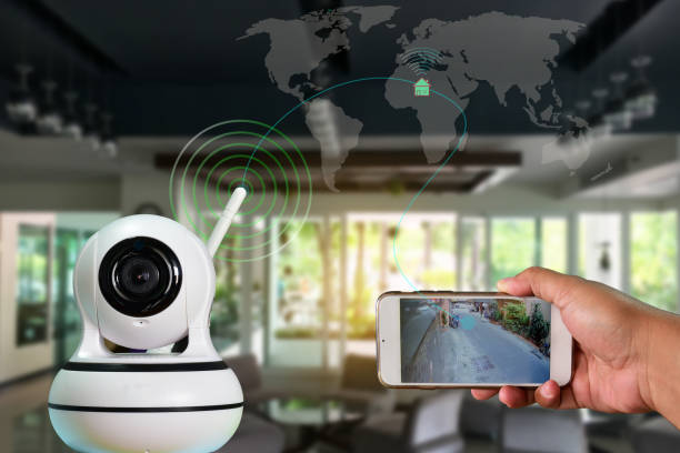 istock Robot CCTV camera is technology 4.0  install signal home security system and monitoring  by smart phone all time , around the world by high speed internet. 1330503964