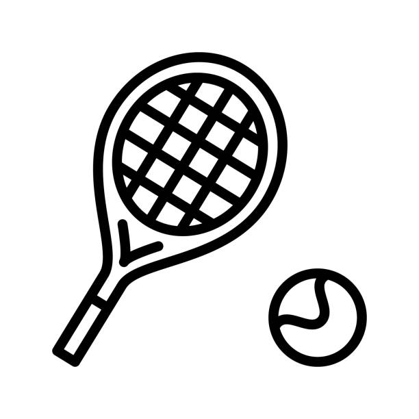 ilustraciones, im�ágenes clip art, dibujos animados e iconos de stock de icono de línea plana de tenis. raqueta de tenis y pelota, equipos para el deporte del juego. signo de esquema para el concepto móvil y el diseño web, tienda - paddle ball racket ball table tennis racket