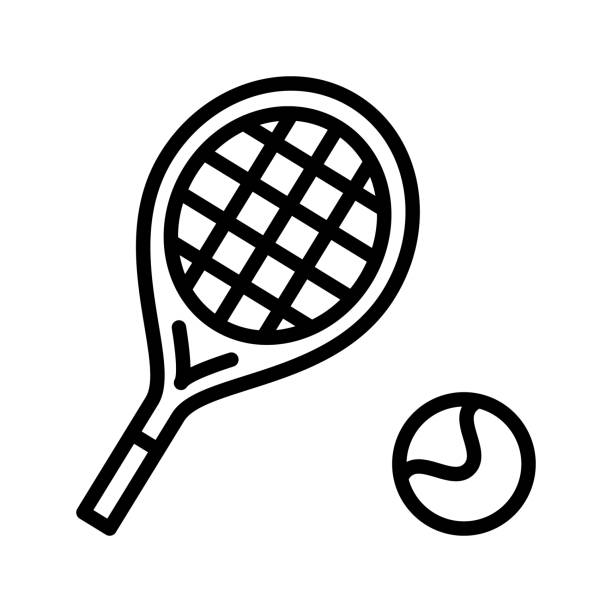 illustrazioni stock, clip art, cartoni animati e icone di tendenza di icona della linea piatta del tennis. racchetta da tennis e palla, attrezzature per lo sport di gioco. segno di struttura per il concetto mobile e il web design, negozio - padel