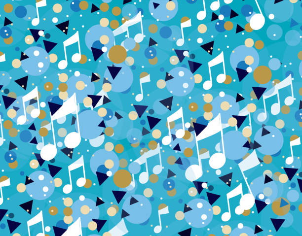 ilustrações, clipart, desenhos animados e ícones de cartão de convite de música. padrões, tema musical fundo de papel de parede azul. ilustração do formato quadrado nota musical para show. efeito patchwork. - jazz backgrounds backdrop image