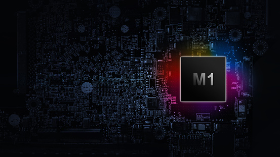 M1 processor chip. Network digital technology with computer cpu chip on dark motherboard background. Protect personal data and privacy from hacker cyberattack.