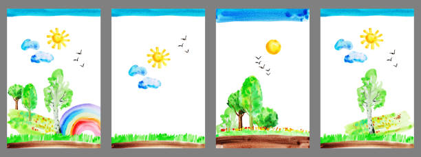 istock Watercolor hand drawn naive kids drawing with rainbow, sun, sky, birds, tree, grass 1330511820