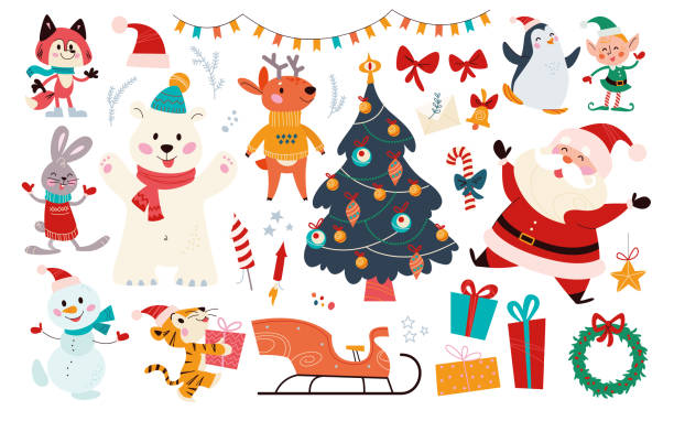 Big set of Christmas decor elements and characters isolated. Big set of Christmas decor elements and characters isolated. Santa Claus, elf, bear, gifts, sleigh, fir tree etc. Vector flat cartoon illustration. For Xmas card, banner, print, pattern, packaging. fictional character stock illustrations