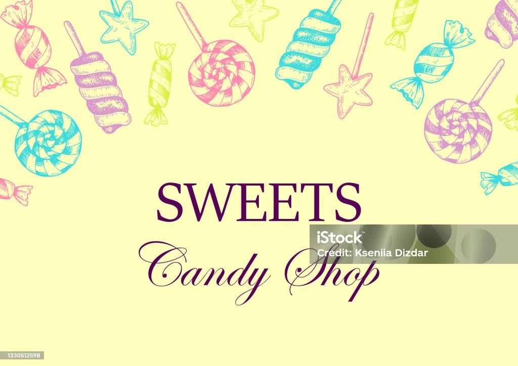 Candy Shop Card Design Hand Drawn Candy Shop Horizontal Design Vector Illustration In Sketch ...