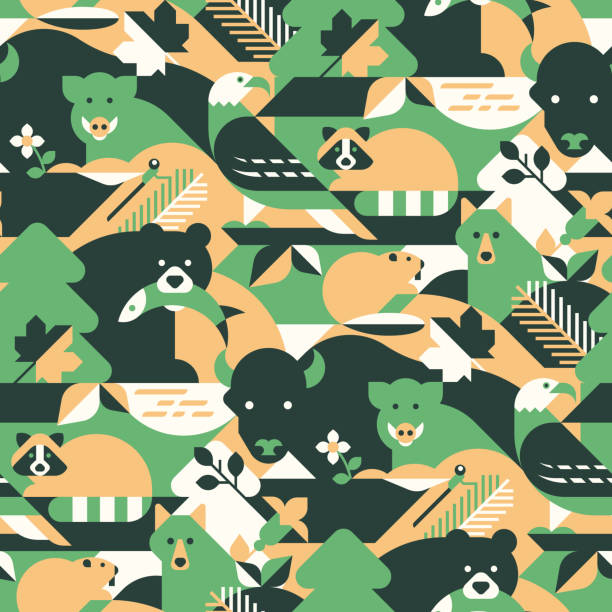 Animals in forest - abstract vector pattern, seamless. Perfect for camouflage fabric, textile, wallpaper. Animals in forest - abstract vector pattern, seamless. Perfect for camouflage fabric, textile, wallpaper. the boar fish stock illustrations