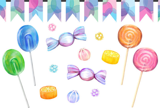 illustrazioni stock, clip art, cartoni animati e icone di tendenza di materiale vettoriale di caramelle color pop in stile acquerello - hard candy candy backgrounds multi colored