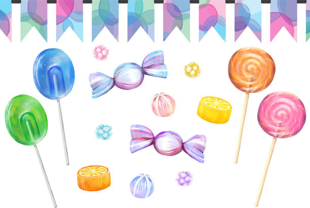 watercolor-style pop-colored candy set vector material - lolipop illüstrasyonlar stock illustrations
