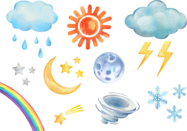 ilustraciones, imágenes clip art, dibujos animados e iconos de stock de material vectorial del conjunto de tiempo de color pop de acuarela - rainbow multi colored sun sunlight