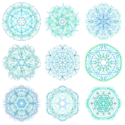 Mixed set of circular abstract elements on a white background.