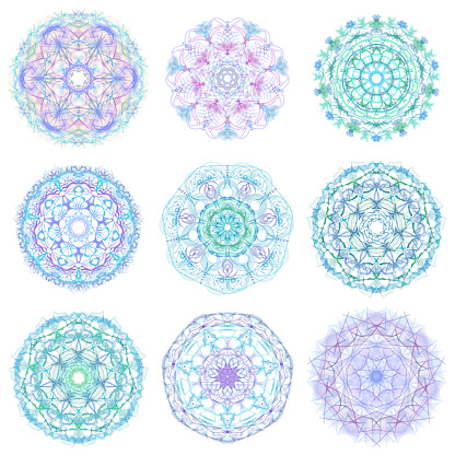Mixed set of circular abstract elements on a white background.