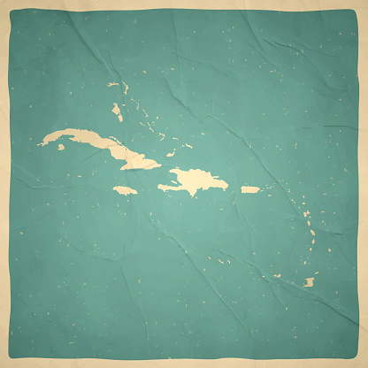 Map of Caribbean in a trendy vintage style. Beautiful retro illustration with old textured paper (colors used: blue, green, beige and red). Vector Illustration (EPS10, well layered and grouped). Easy to edit, manipulate, resize or colorize. Vector and Jpeg file of different sizes.