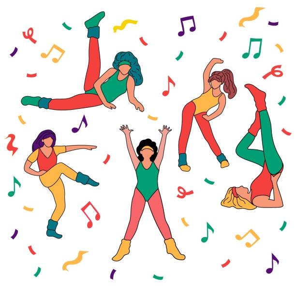 Set with girls doing aerobic. Trendy 80s years sport outfit. Set with girls doing aerobic. Trendy 80s years sport outfit. Old fashion sport clothes. Hand drawn vector illustration. Workout, fitness.  Background with note symbols. All elements are isolated 80s aerobics stock illustrations