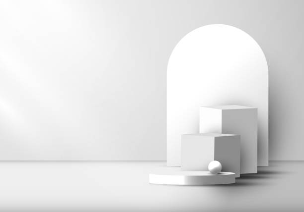 istock 3D realistic modern white and gray geometric pedestal podium with rounded backdrop 1330516036