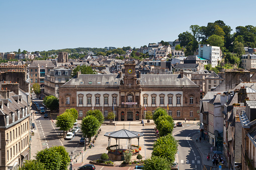 Morlaix, France - July 18 2021: Aerial view of the town hall of Morlaix and the bandstand on Place des Otages.