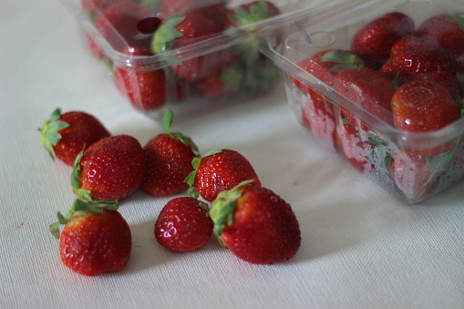 Red and ripe strawberries along with its packaging photographed at home on white background. The fruit is appreciated for its characteristic aroma, bright red color, juicy texture, and sweetness