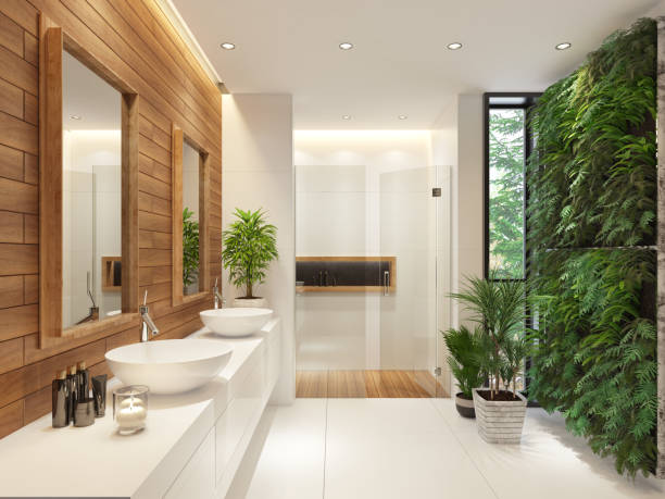 istock Modern minimalist bathroom with green wall garden 1330521759