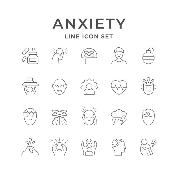 illustrazioni stock, clip art, cartoni animati e icone di tendenza di impostare le icone di linea dell'ansia - hysteria