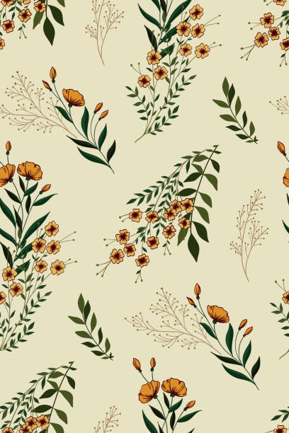 Vintage seamless pattern with wild plants, flowers and herbs. Vector. Seamless pattern with wildflowers. Floral print with bouquets of herbs, flowers and leaves. Light background. Vector. cottagecore stock illustrations